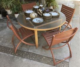 Rare Mid-Century Patio "Folding Chair" by John Caldwell for Brown-Jordan, Brown-Jordan Table holds Hand-made artful Stoneware Dishes, also BBQ, garden tools...