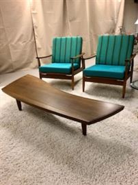 Original Widdicomb Nakashima Sundra Table.  Two MCM chairs with original fabric.  