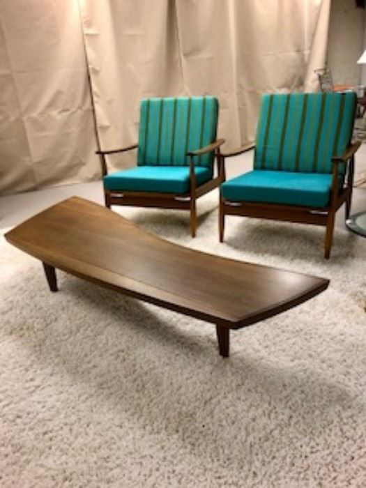 Original Widdicomb Nakashima Sundra Table. Two MCM chairs with original fabric.