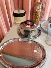 vintage ice bucket, chrome covered cake plate