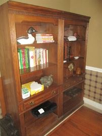 Bookcases, books and decoys