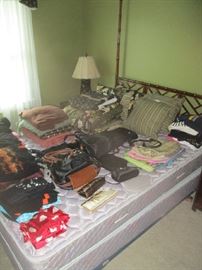 Kindel bed, bedding and pillows, purses