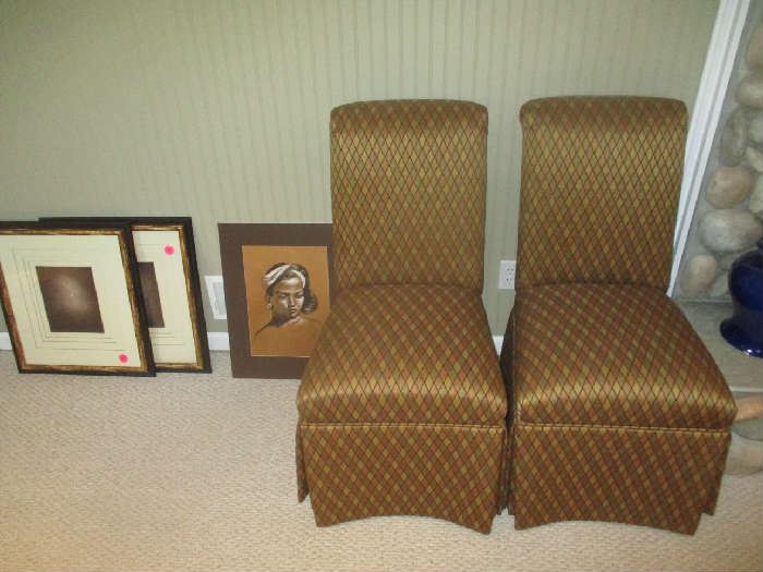 Pair of upholstered side chairs and artwork