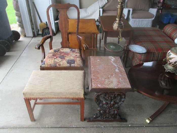 ornate marble top table, stool and chair