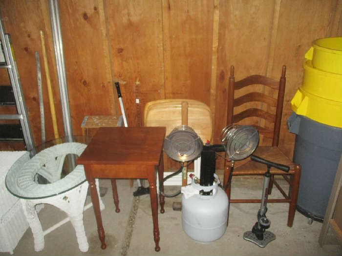 chairs, table, propane heater and tray tables