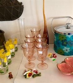MID CENTURY TABLEWARE; GLASSES, DISHES, ICE BUCKET, PORCELAIN FLOWERS