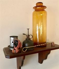 AMBER GLASS, OIL CAN, SHELF