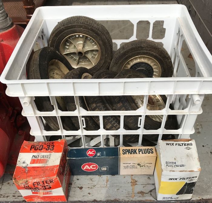 Tractor/Other wheels & misc Vntg Filters/spark plugs 
