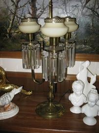 very unique brass, 3 arm lamp with glass shades & prisms