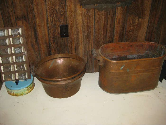 copper boiler, kettle, shop organizer w/jars