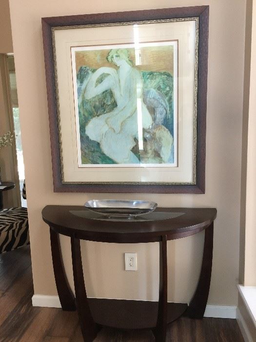 Barbara Wood Lithograph and Half Round Sofa Table with glass insert