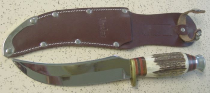 Linder Bowie Knife w/Stag Handles & Sheath - Made In Solingen Germany - Mint Condition