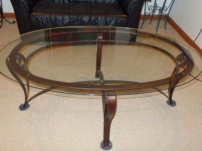 Glass and iron coffee table w/2 matching side tables 