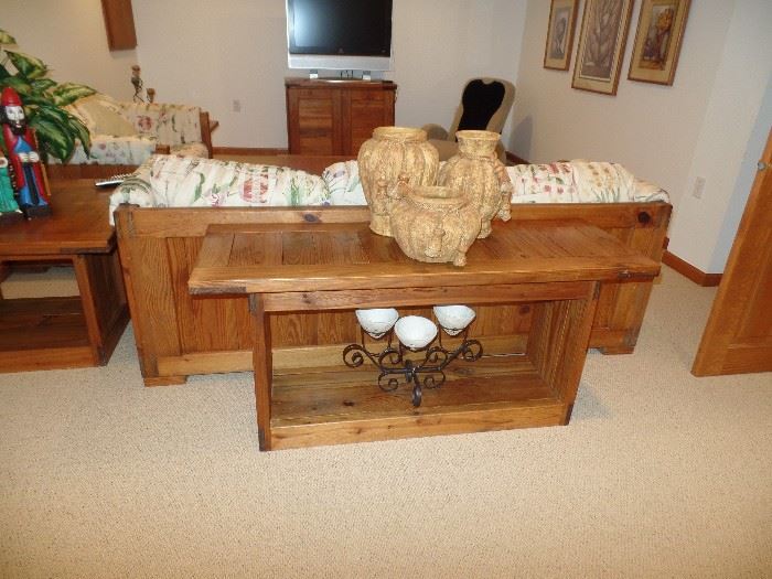Wood crate style furniture - couch, loveseat, coffee table, 2 side tables, couch table and cabinet - Also has kitchen table w/2 long benches and 4 side chairs
