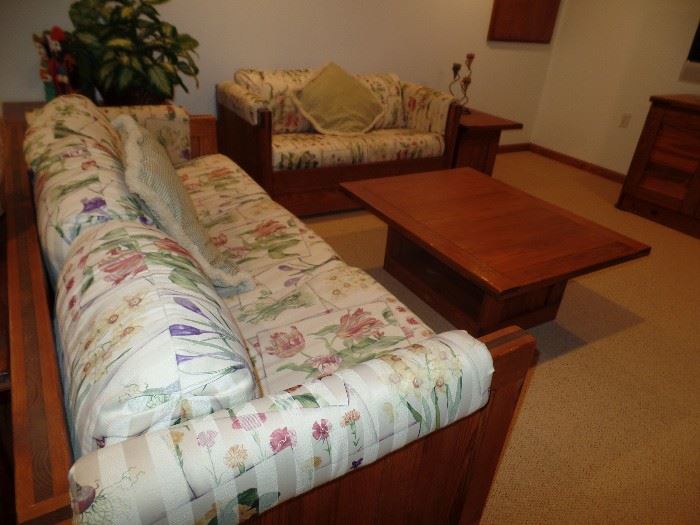 Wood crate style furniture - couch, loveseat, coffee table, 2 side tables, Sofa table and cabinet w/bookshelf top - Also has kitchen table w/2 long benches and 4 side chairs that are matching