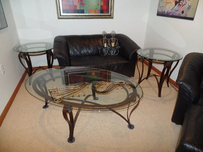 Wrought iron and glass coffee table w/2 matching side/end tables- great quality