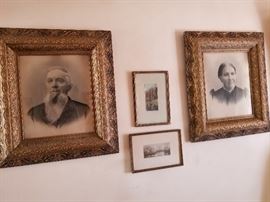 Antique photographs in frames, hand colored, signed Nutting pieces.