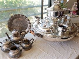 Beautiful silverplate hot/cold chafing dish, silverplate teaset