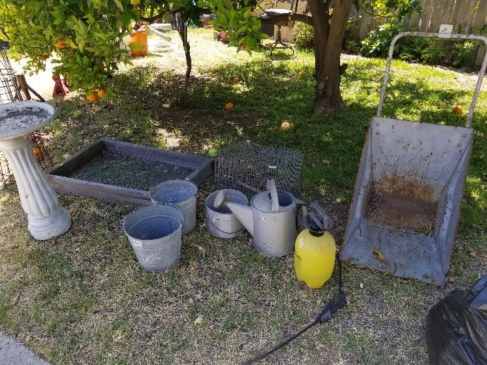 Old garden cart, galvanized buckets and watering can
