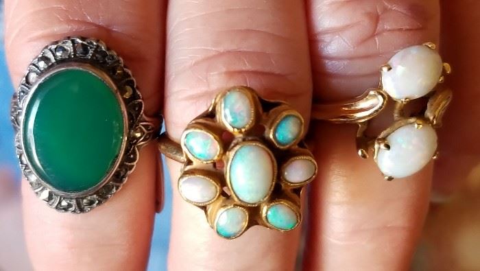 sterling & jade, 2 super-fiery opal & 14k gold rings