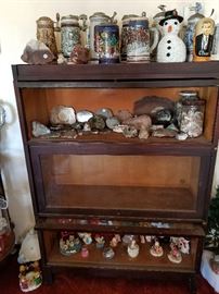 Old lawyer's book case, vintage beer steins, rocks & minerals