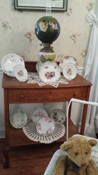 Oak server, porcelain plates, GWTW lamp