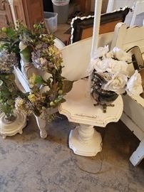 Assorted white distressed items, silk florals