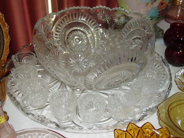 EAPG Thistle Pattern Punch Bowl w/Tray & Cups