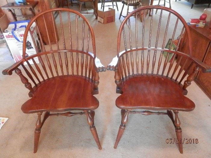 Pair of matching  SOLID cherry wood "Windsor" arm chairs....scoop seats....No labels but they reek of "Stickley"