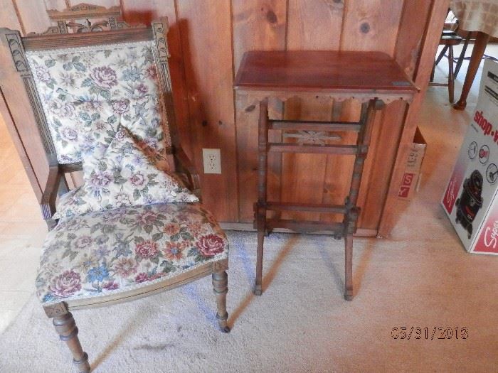 Eastlake Chair and complimenting table....chair upholstered with nice floral tapestry....fine needlepoint