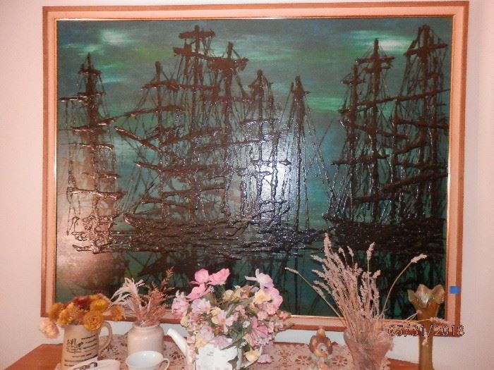 Interesting painting...ships with thick oil paint technique 