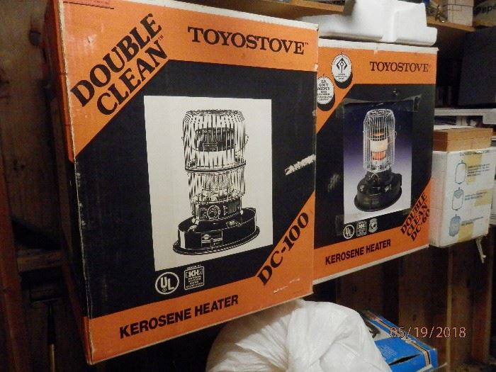 Toyostove kerosene heaters...The best on the market.  1 DC-100 and 1 DC-60....DC stands for "Double Clean".....These really put out the heat