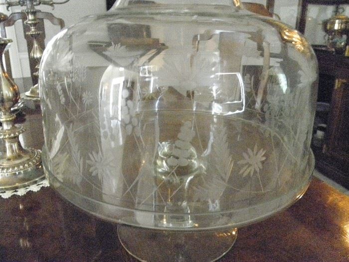 Fabulous covered cake stand...hard to see but etched
