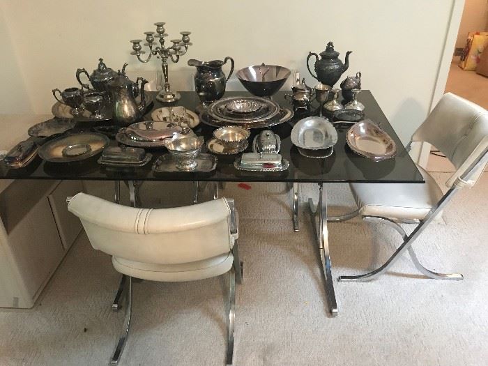 Modern Glass Top Dining Set, Silverplate silver plated pieces