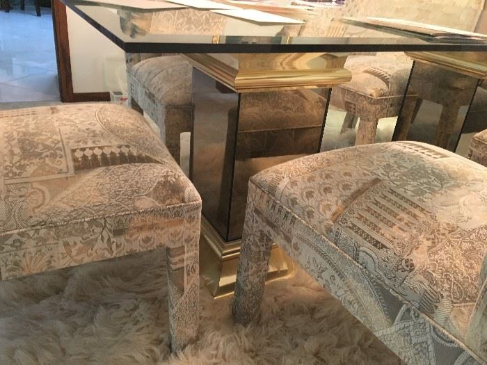 6 custom made Stoneville dining side  chairs and double pedestal glass top Stoneville  dining table!