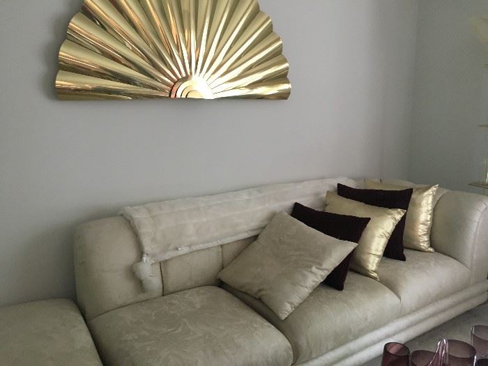 Sleek contemporary Jackson Furniture KY sofa with corner piece, decorative pillows and Artisan House brass wall fan signed sculpture!