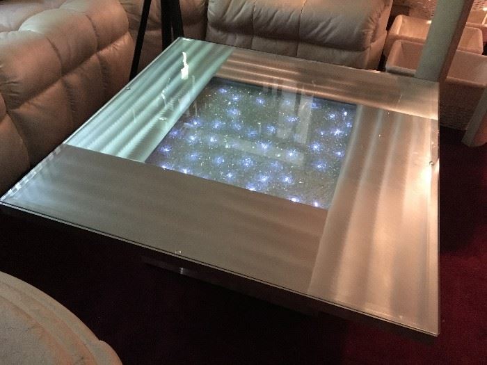 Outstanding Nova Lighting brushed aluminum and glass top lighted cocktail table!