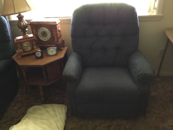 LaZboy rocker recliner, table, clocks