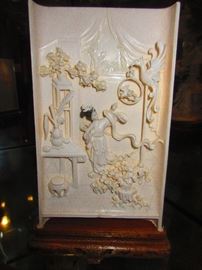 Hand-Carved Chinese Plaque on Stand