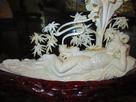Detail of Large Carving of Quan Yin Under Palm Tree