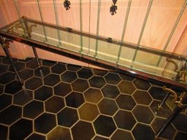 Mid Century Chrome and Brass Glass Top Sofa Table 