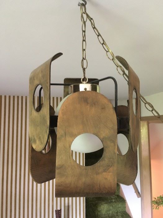 Wood (not brass) paneled pendant lamp