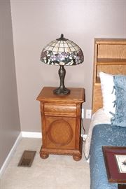 Oak Night Stand . Tiffany Style Table Lamp 