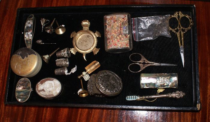 Victorian Era Sterling Silver Items. To include: Thimbles, Tooth Brush & Holder,Perfume Funnels, Chain Mesh Change Purse & More