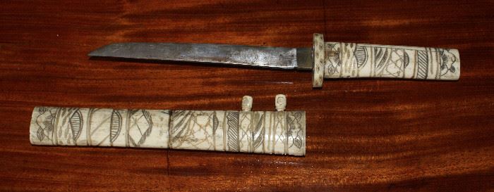 Oriental Influenced Bone Handle & Sheath Hand-carved Straight Blade Knife  