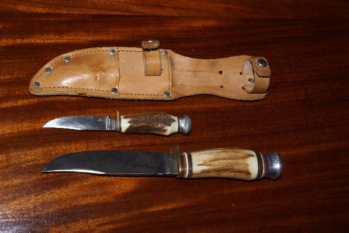 Made in Germany Bone Handle Straight Blade Knifes with Leather Sheath 