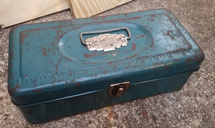 vintage metal tool box with patina