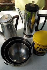 example of the many vintage coffee makers. Also nesting bowls and vintage storage tins.