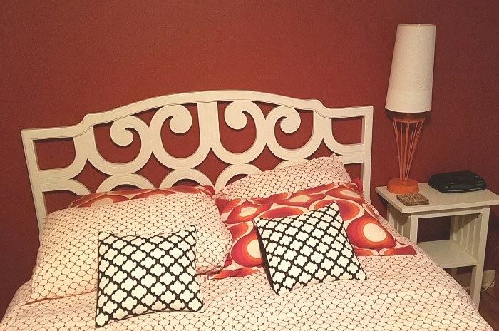 Cool 1970s headboard. Nightstand, lamp, coasters and clock also for sale