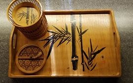 Vintage Japanese bamboo cocktail serving tray with matching coasters & caddy
